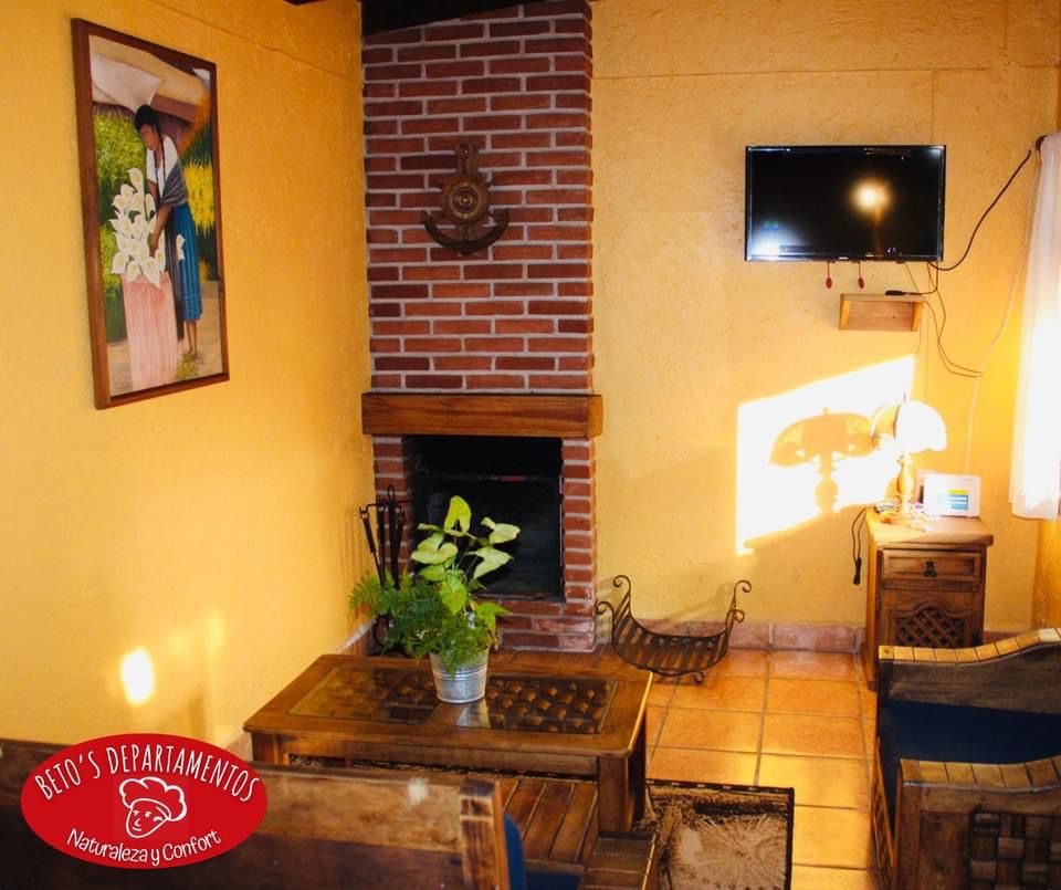 Casa Beto's — sala con chimenea de ladrillo encendida